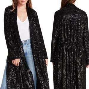 Anthropologie BB DAKOTA bySTEVE MADDEN SHOWSTOPPER SEQUIN LONG KIMONO COAT BLACK